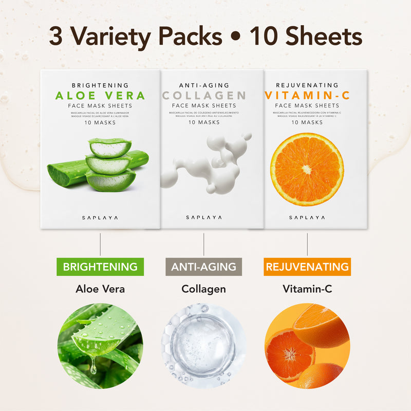 K-Beauty 10-pack Face Mask Sheets | Vitamin-C  Saplaya Skincare